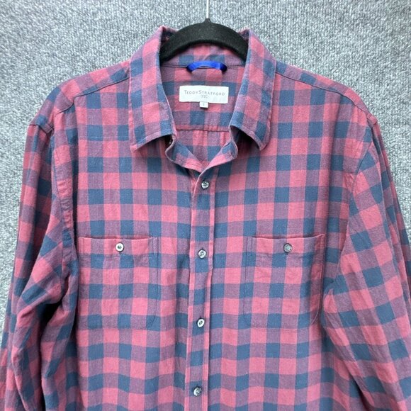 Teddy‎ Stratford Shirt Mens 3 M/L Maroon Blue Zip Button Up Check Cotton Pockets - Picture 2 of 16